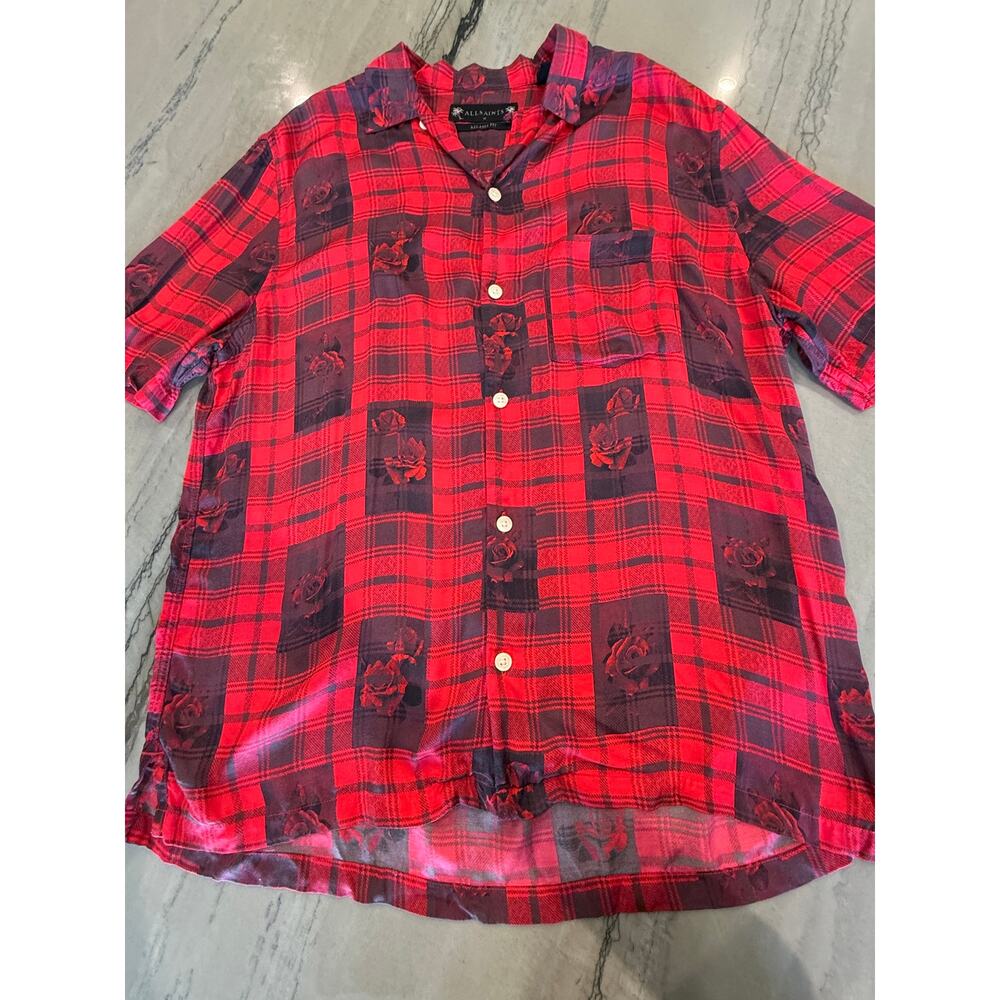AllSaints Fritillaria SS Shirt Mens M Red Plaid Rose Relaxed Fit Button Down